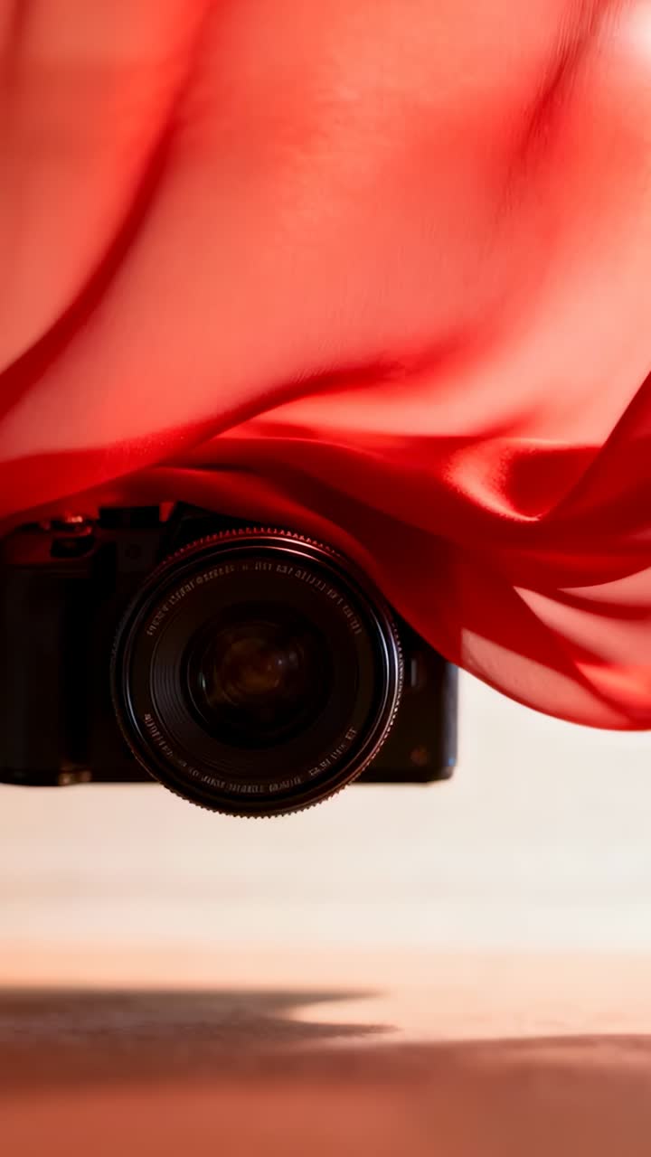 Vertical video: Dropping red fabric covering compact cam on pale tabletop soft shadow blurring lens