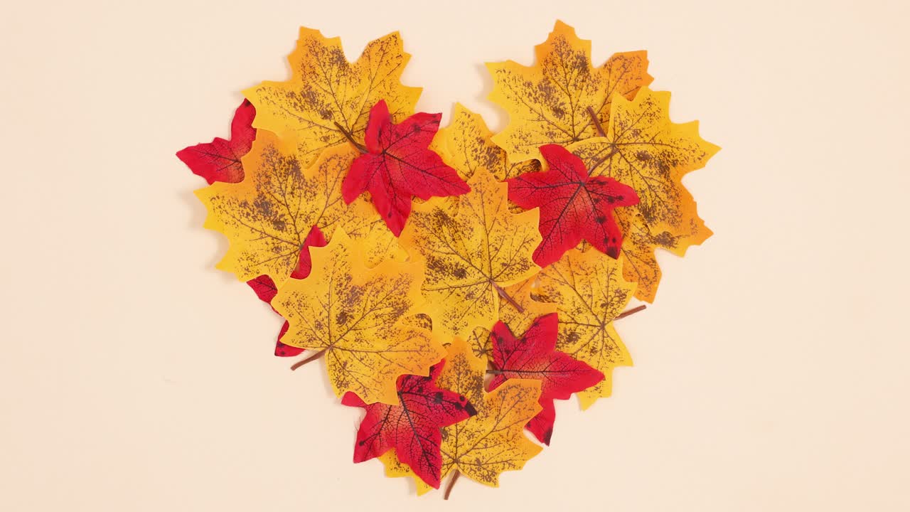 Autumn leaves make heart. Stop motion