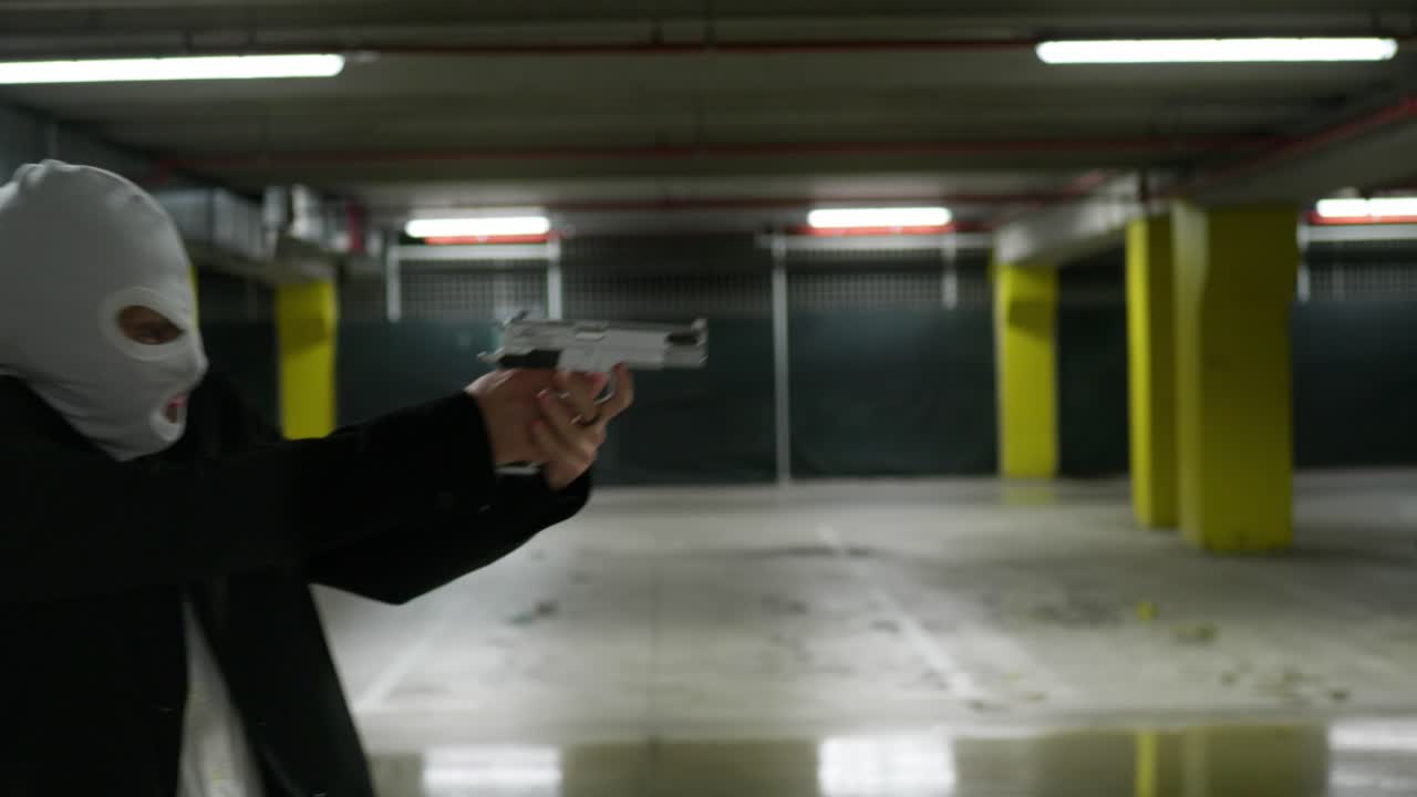 hombre en una suite con una máscara blanca apuntando con un arma a un lado