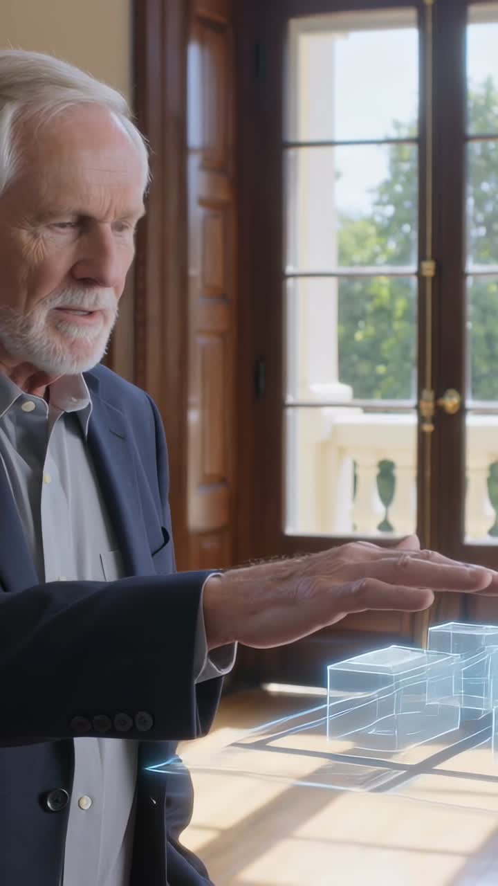 Presentador moviendo la mano sobre bloques holográficos 3D, resaltando un área para una demostración de arquitectura.