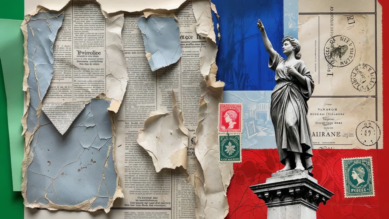 Symbolic Mixed Media Collage with Classical Statue and Vintage Paper Elements