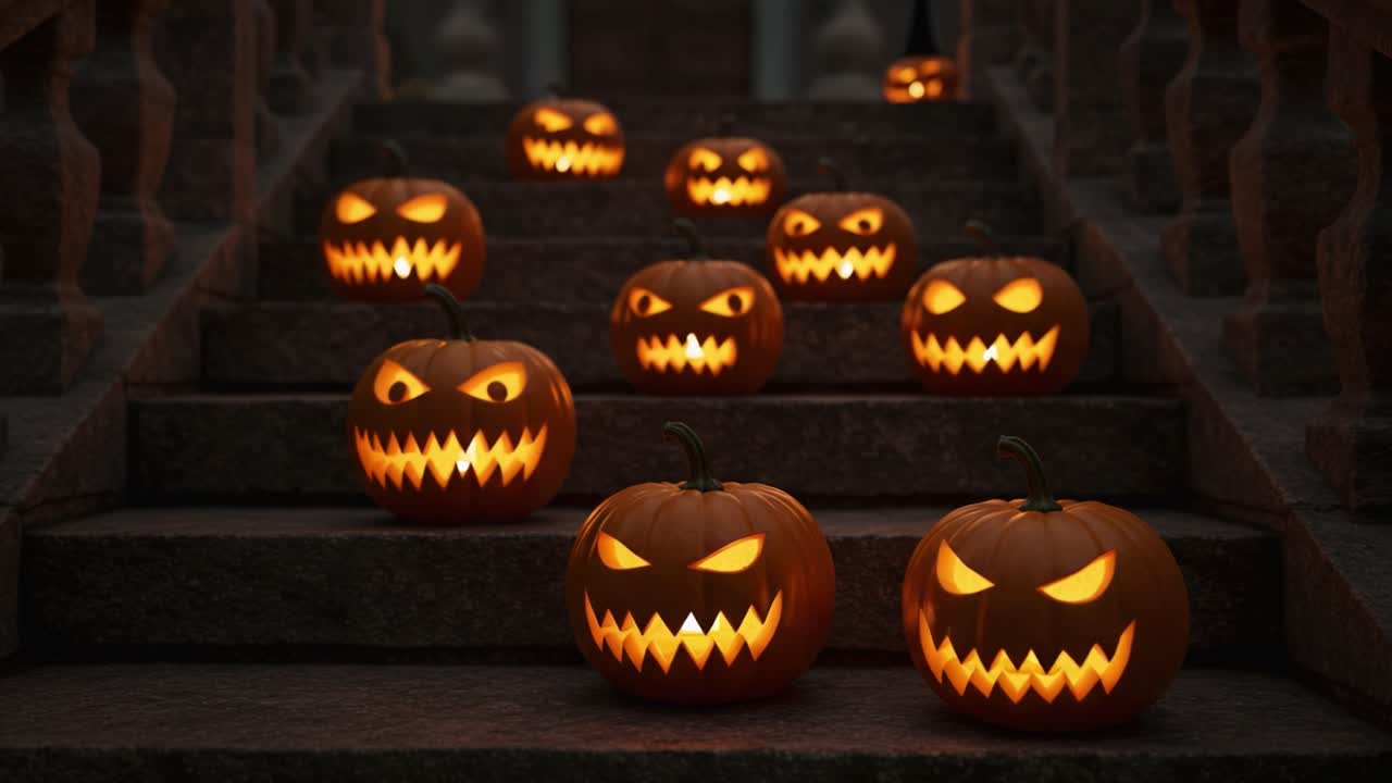 A Spooky Collection of Jack-o'-Lanterns Illuminating Stone Steps, Bringing Halloween Spirit to Life with Their Grinning Faces and Eerie Glow