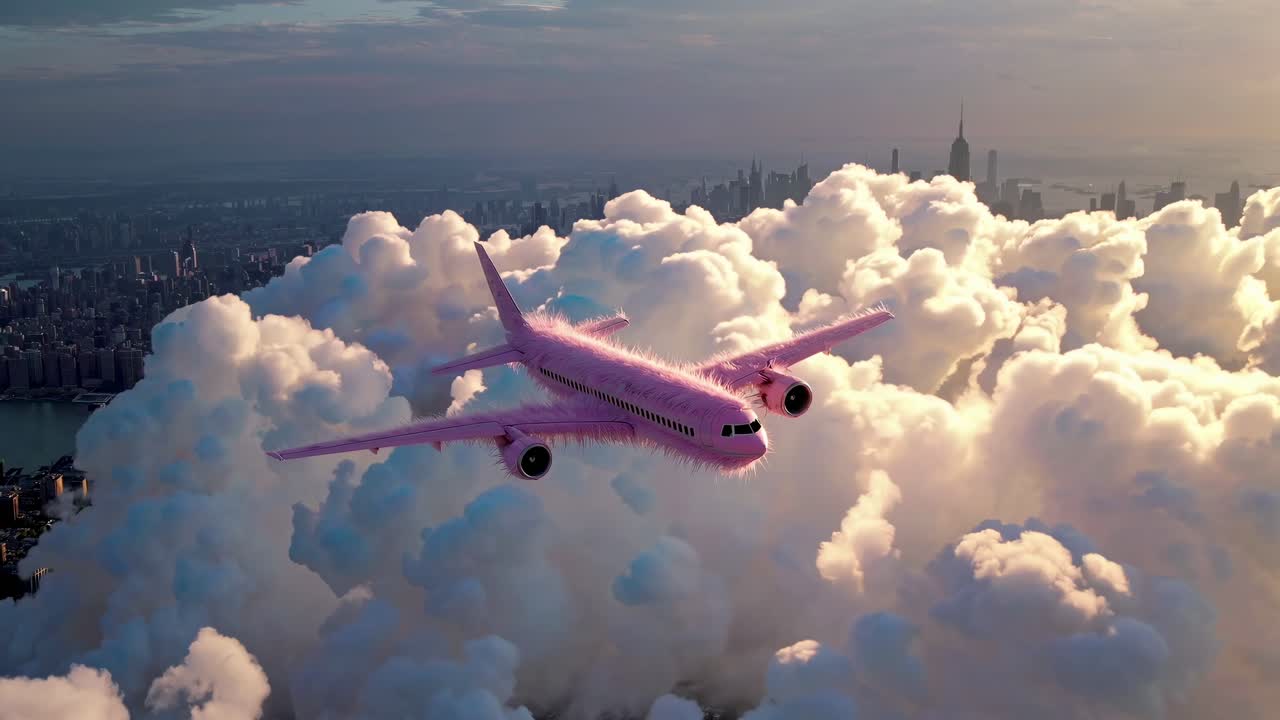 Pink Fluffy Airplane Flying Over New York City Cloudscape