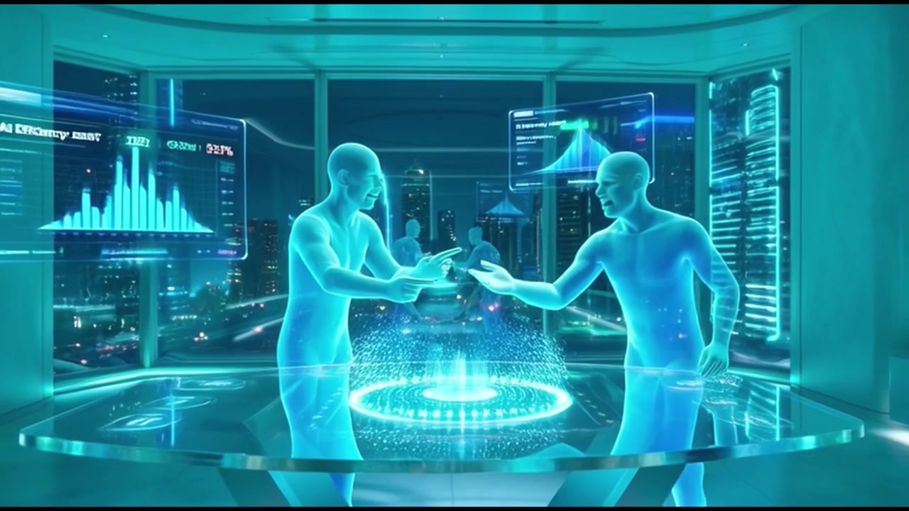 Holographic Human Avatars Interacting with Data in Futuristic Office