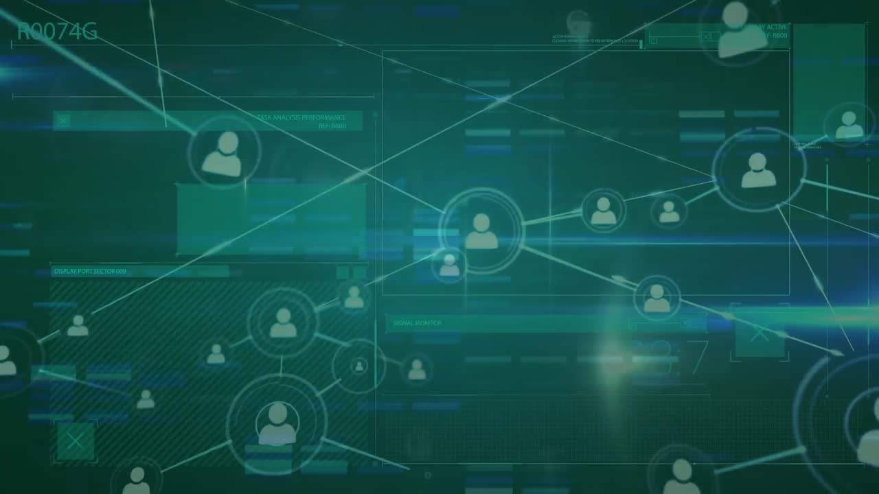 Animation of network of connections with people icons and data processing over grid
