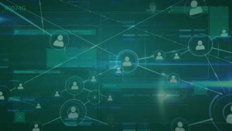animación de la red de conexiones con iconos de personas y procesamiento de datos a través de la red