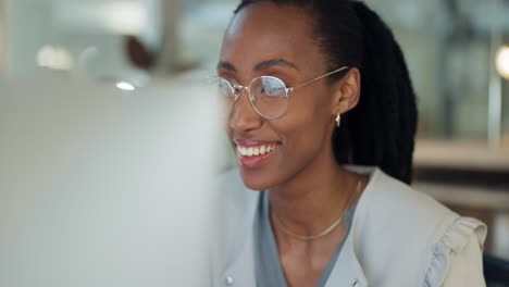 Computer,-woman-smile-and-thinking-in-a-office