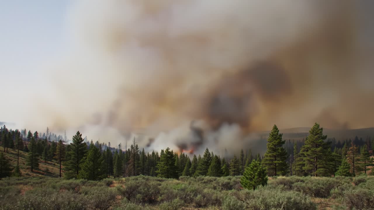 Dramatic Forest Wildfire: Smoke Engulfs the Landscape as Flames Threaten Natural Habitats and Wildlife in a Destructive Blaze