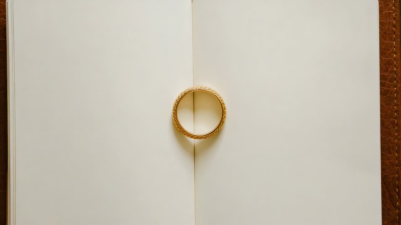 Shifting pages causing gold braided ring appearing lower on open notebook crease, warm light