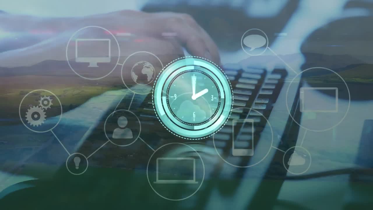 animación de reloj en movimiento y red de conexiones sobre las manos escribiendo en el teclado