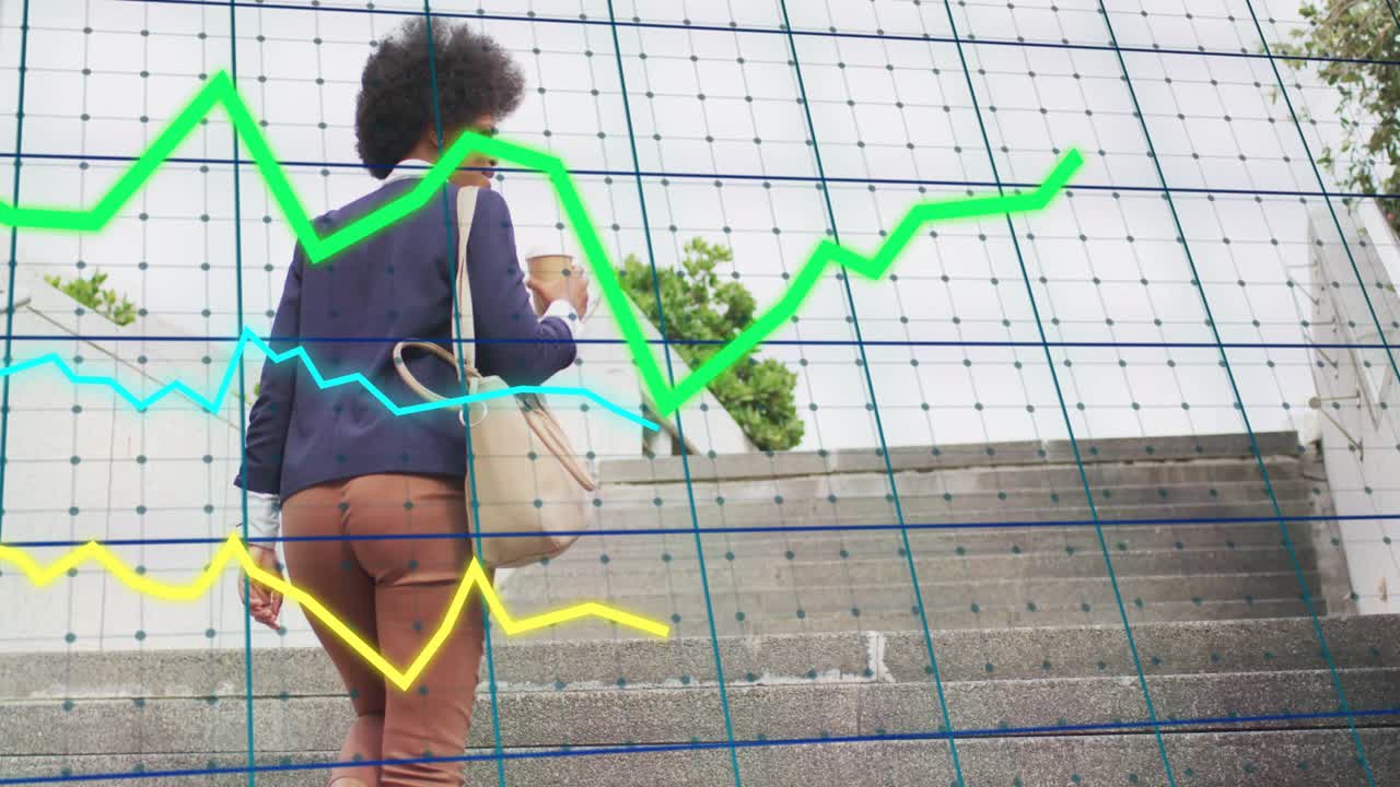 Businesswoman stepping up stairs, climbing toward office, animated grid and charts crossing her