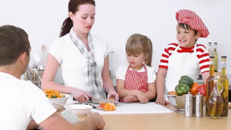 family preparing food in the kitchen together