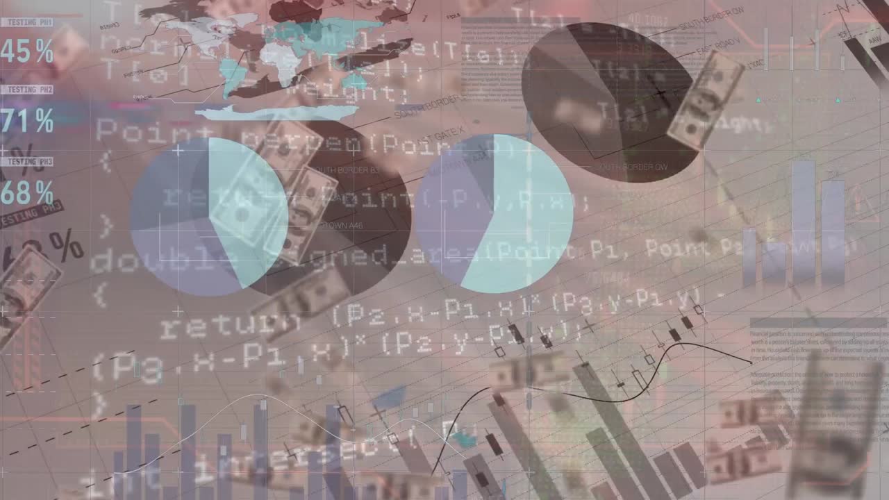 animación del procesamiento de datos y dólares sobre fondo blanco