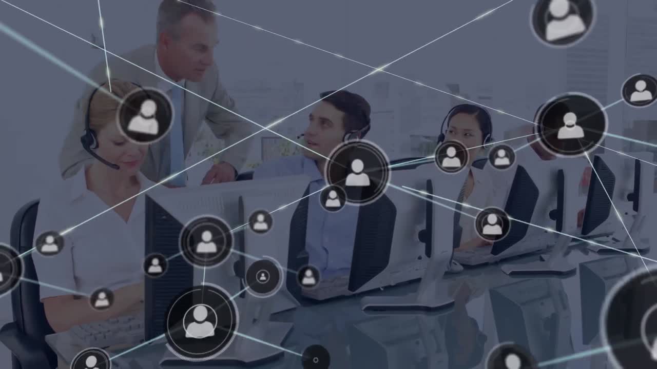 animación de la red de conexión con iconos sobre personas de negocios que usan auriculares de teléfono