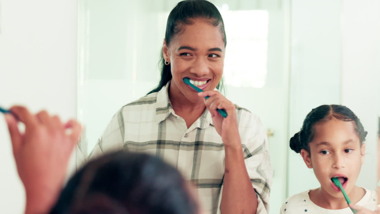 Mirror, mother and girl brushing teeth