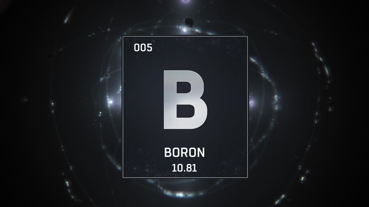 Boron as Element 5 of the Periodic Table 3D animation on silver background