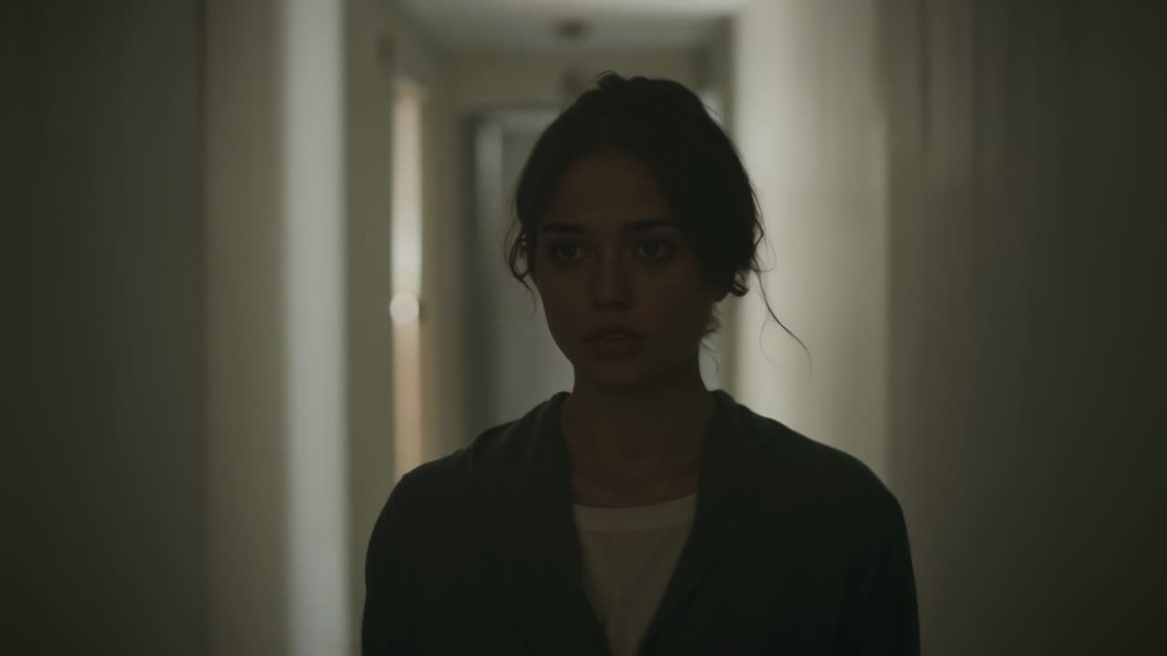 Frames starting woman walking toward camera in dim hallway, in dark cardigan, man in hoodie passing
