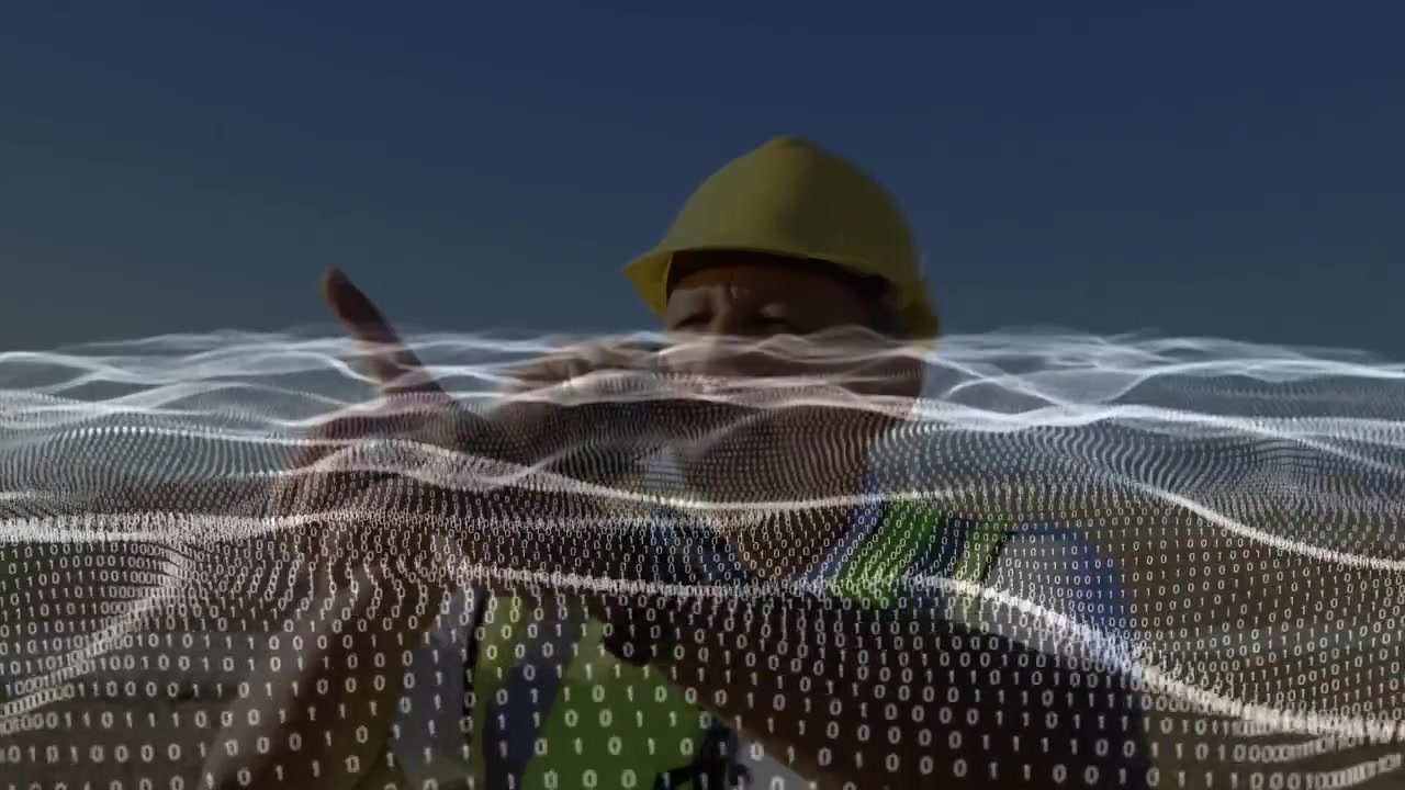 Construction manager calling on phone, gesturing through data wave, directing wind turbine tasks