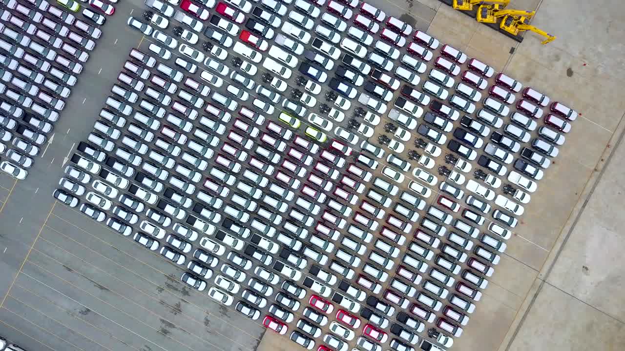 Aerial view new cars in parking lot