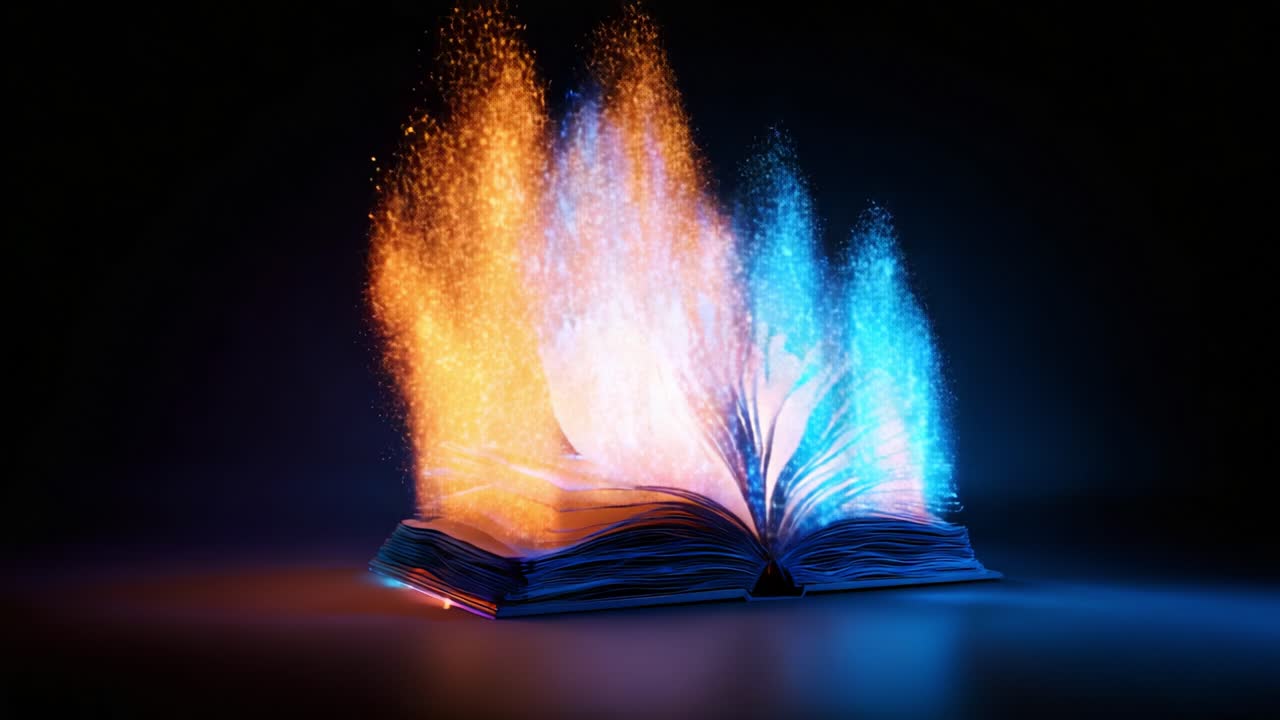 A visually striking representation of an open book bursting with colorful, glowing light effects, creating a mesmerizing aura of creativity and imagination, symbolizing knowledge and inspiration