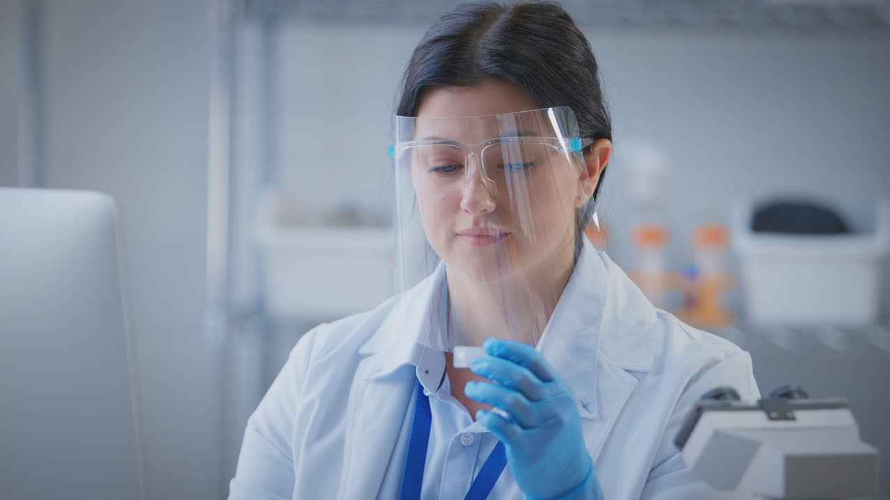Female Lab Worker Wearing PPE Face Shield Recording Test Results On Computer