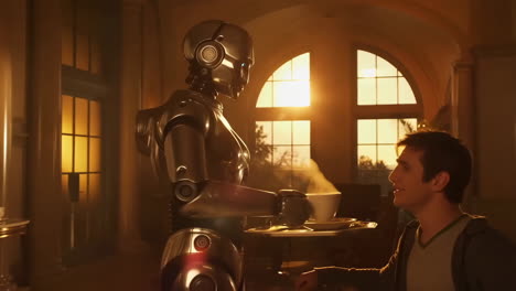 robot serving a human in a mansion
