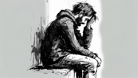 animation sketch of a man sitting down and looking depressed