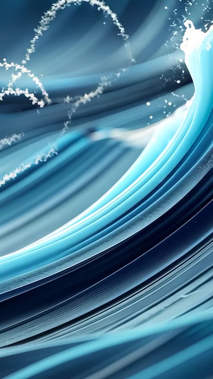 Vertical video: Forming white particle arc above blue ribbons flowing in space, sparkles pulsing