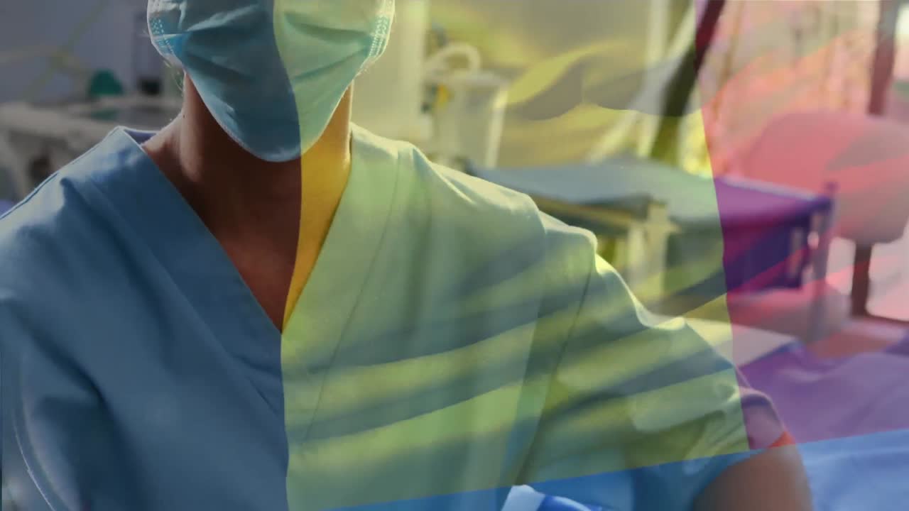 Animação da bandeira da Bélgica tremulando sobre uma cirurgiã em sala de cirurgia