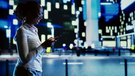 woman strolling around city with phone