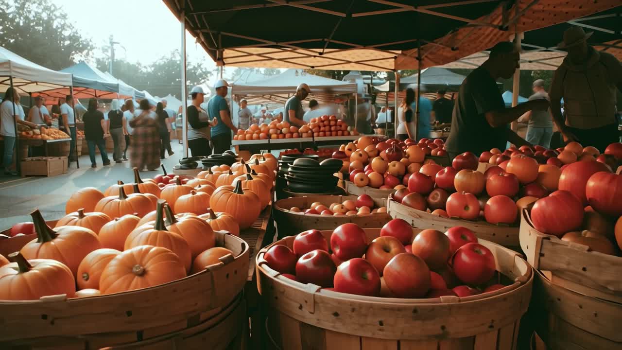 A Bustling Marketplace Filled with Fresh Produce and Vibrant Colors, Showcasing Apples and Pumpkins in Handcrafted Baskets Under a Sunlit Canopy