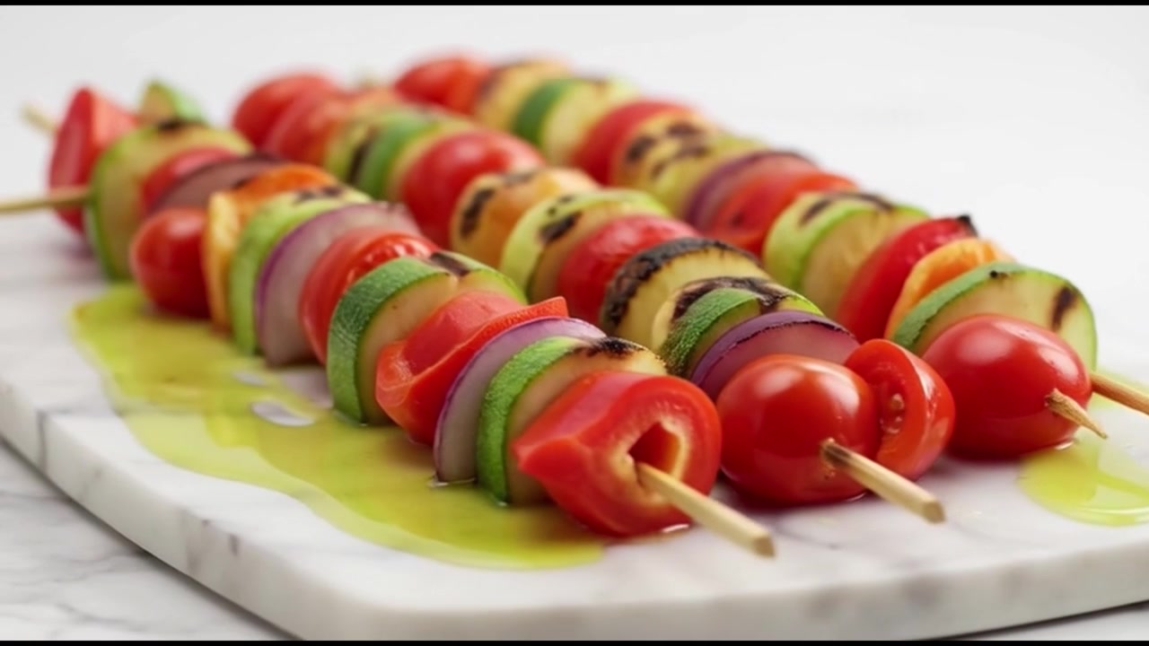 Brochetas de verduras a la parrilla sobre tabla de mármol