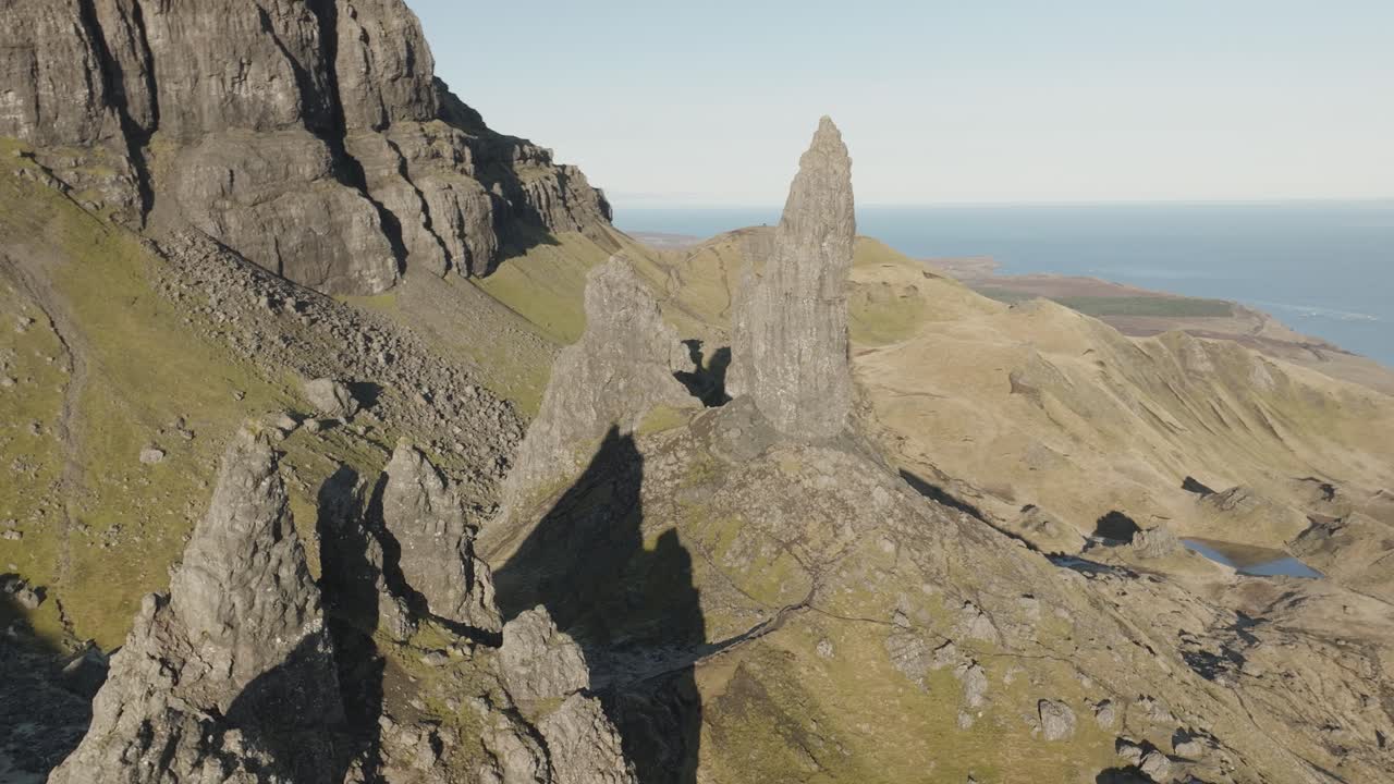 Aerial view of Isle of Skye mountains with rugged peaks and the ocean stretching in the background