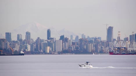 densely populated city skyline of vancouver from port, medium shot