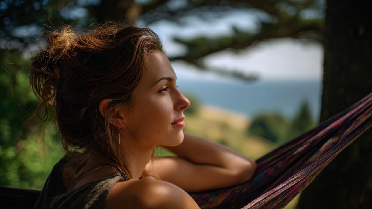 Um Momento Sereno de Reflexão: Uma Jovem Desfrutando de uma Tarde Tranquila Numa Rede, Rodeada pela Natureza e Desfrutando do Calor da Luz Solar.