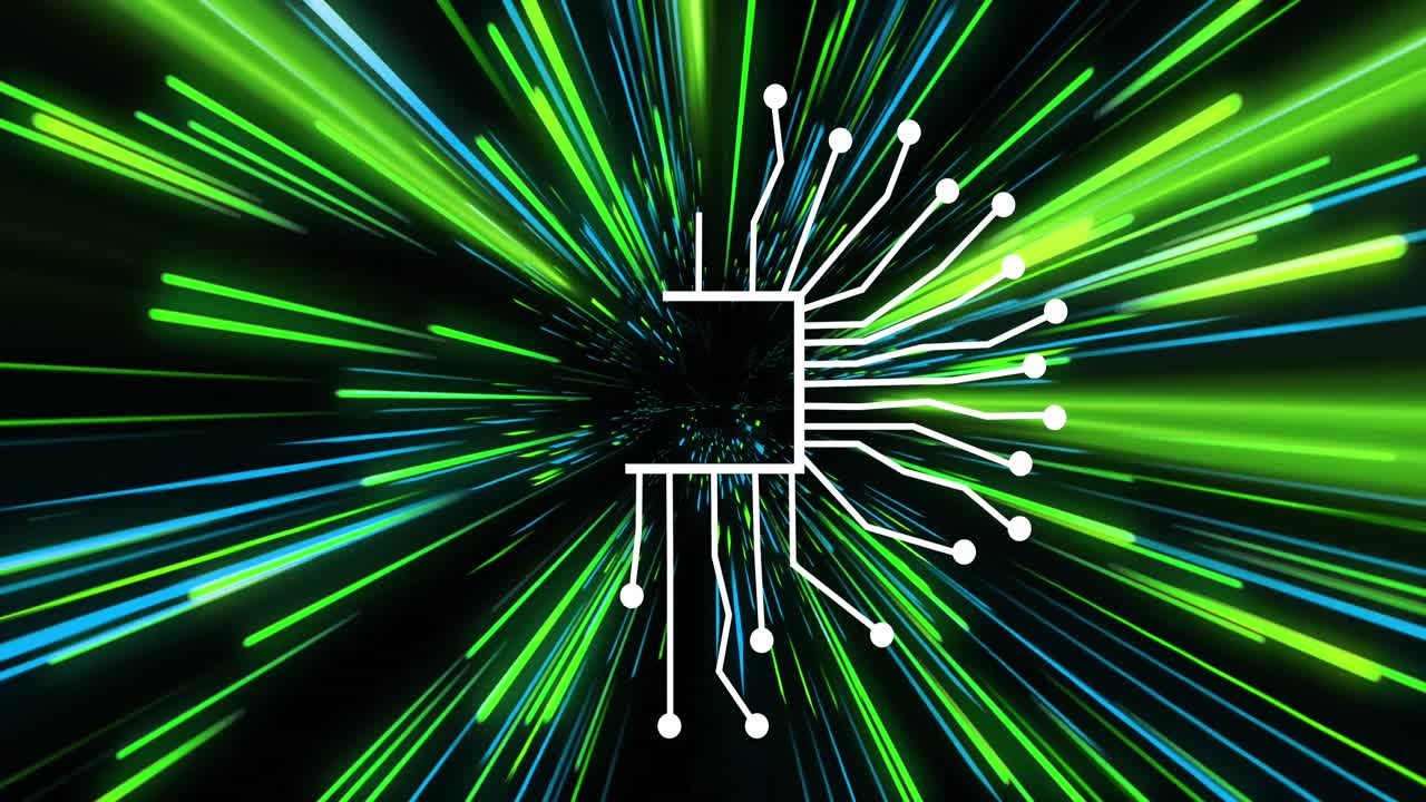 Animation of artificial intelligence over green and blue neon light trails