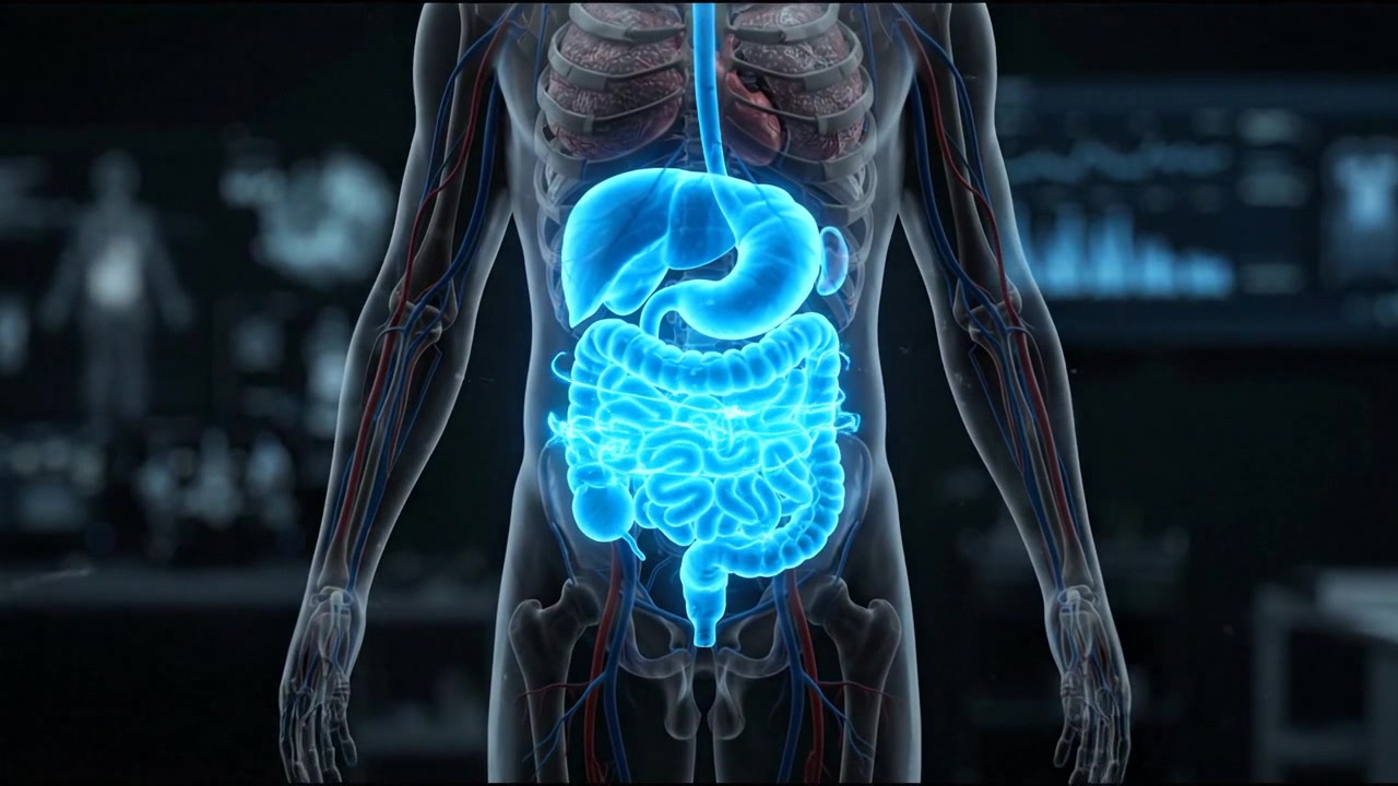 Modern full body scan with a glowing organ highlighted in the pelvis in a detailed medical visualization
