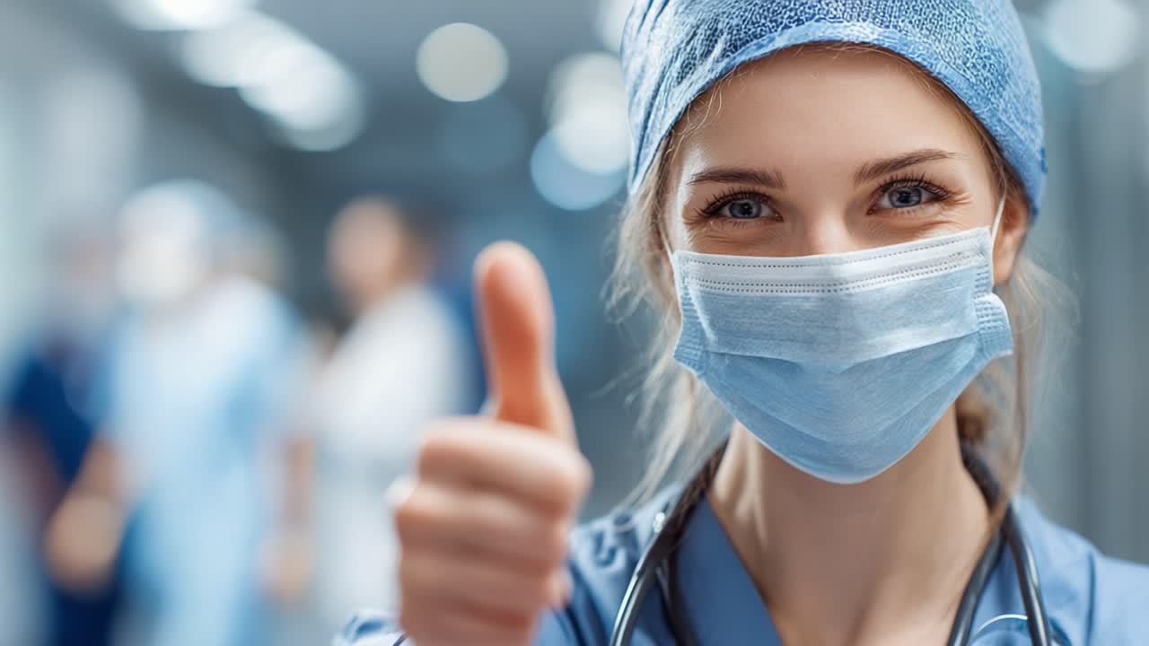 Un operatore sanitario sicuro di sé sorride e alza il pollice, indossa mascherina e camice in un ambiente ospedaliero, a rappresentare speranza e positività nell’assistenza medica