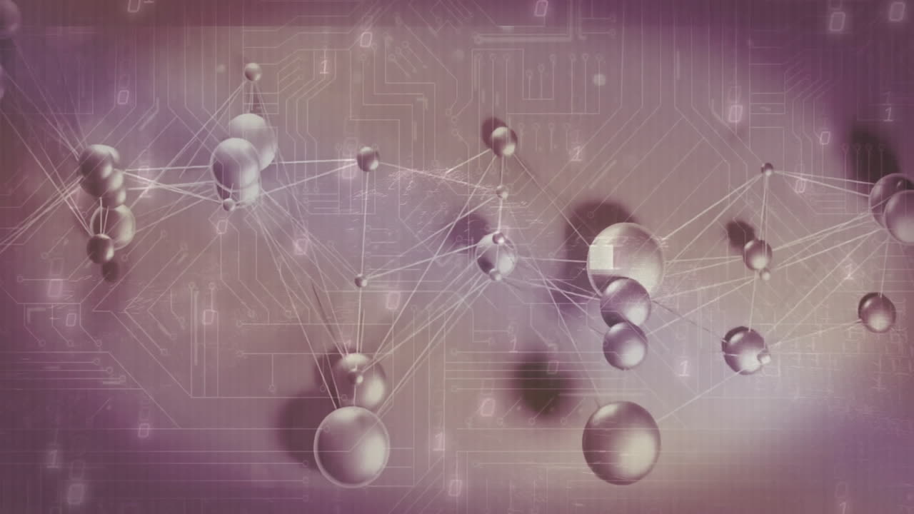 추상적인 배경 위에 분자 구조와 디지털 회로를 애니메이션화합니다.