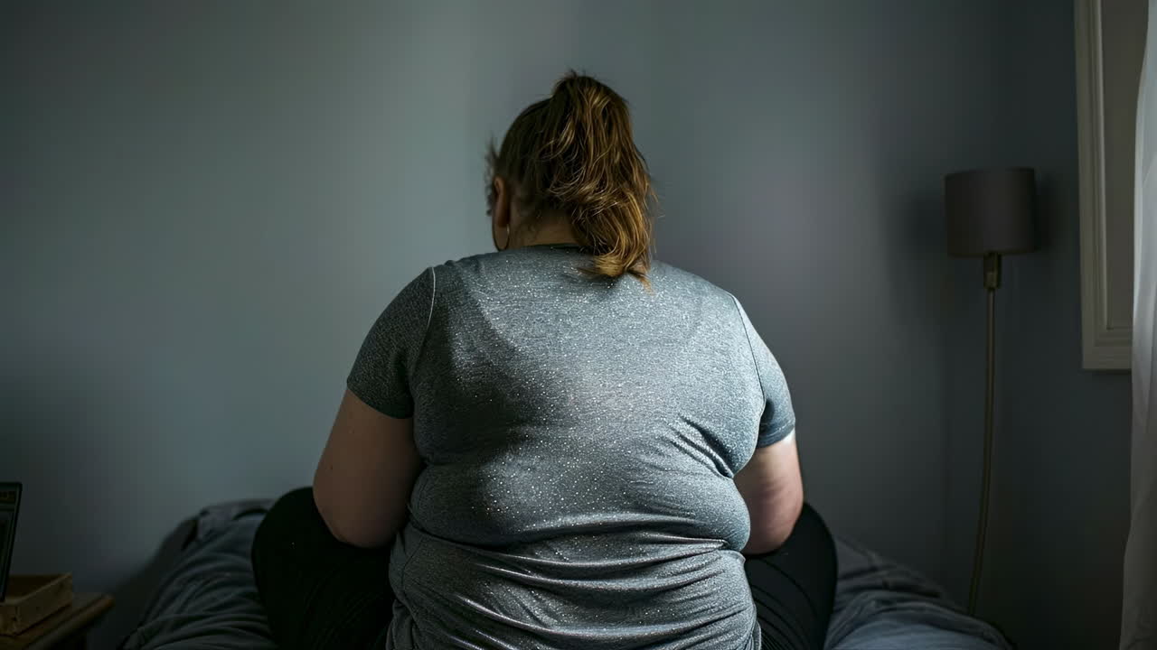 Immersione in una quieta riflessione a casa. Una persona è seduta su un letto, persa nei suoi pensieri e di spalle, in una stanza tranquilla e accogliente con illuminazione soffusa.