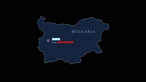 Stylized-Bulgaria-map-with-Sofia-capital-city-and-geographic-coordinates-on-black-background