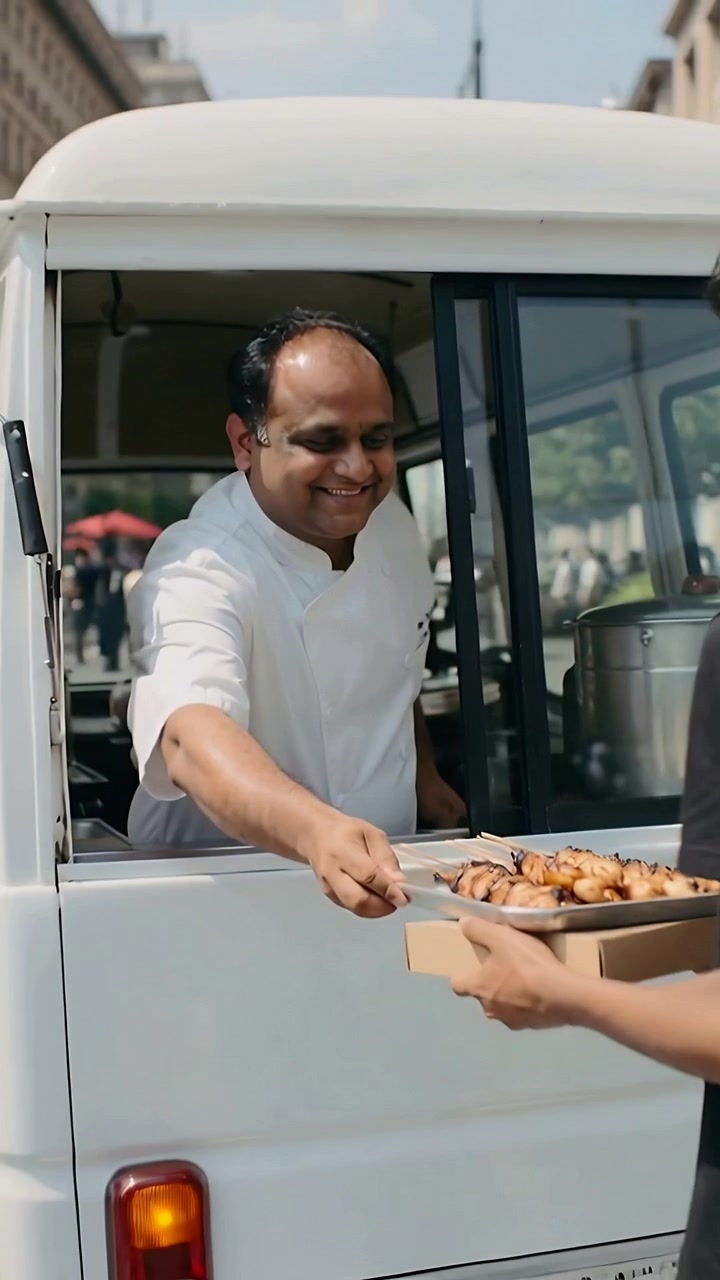 Vertical video: Responding to customer holding box, white-coat chef handing skewers at truck window