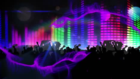 Animation-of-purple-digital-waves-over-silhouettes-of-people-dancing-and-colorful-music-equalizer