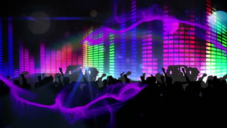 animation of purple digital waves over silhouettes of people dancing and colorful music equalizer