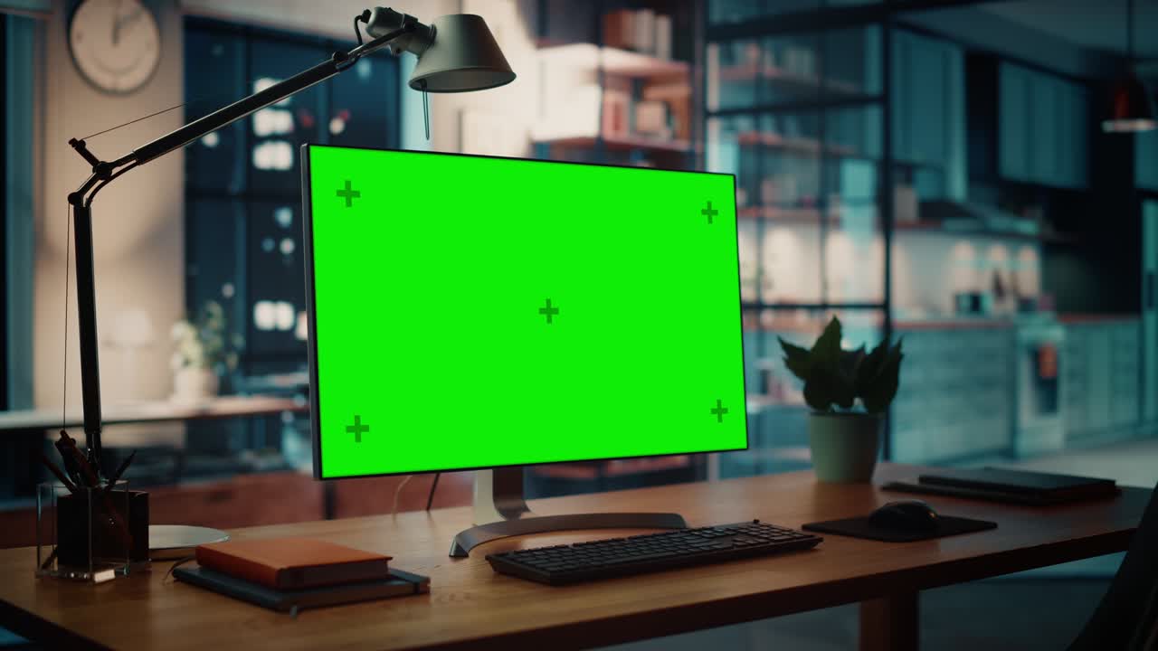 computadora de escritorio con maqueta de pantalla verde dsiplay de pie en el escritorio de madera en la acogedora sala de estar creativa. en el fondo iluminación cálida de la noche y estudio de espacio abierto con vista a la ventana de la ciudad.