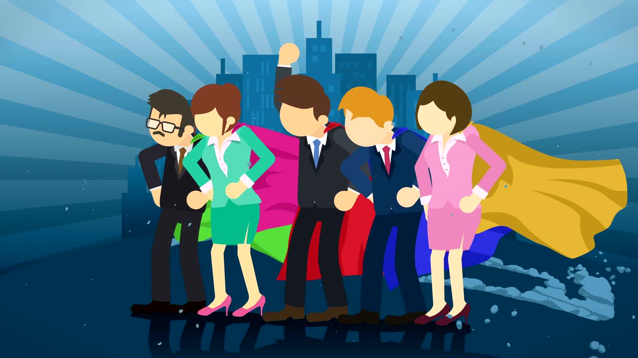 superhéroes de pie en el fondo de la ciudad. cerca de una nube de polvo. símbolo del equipo de negocios. trabajo en equipo y concepto de logro. animación de bucle cómico.