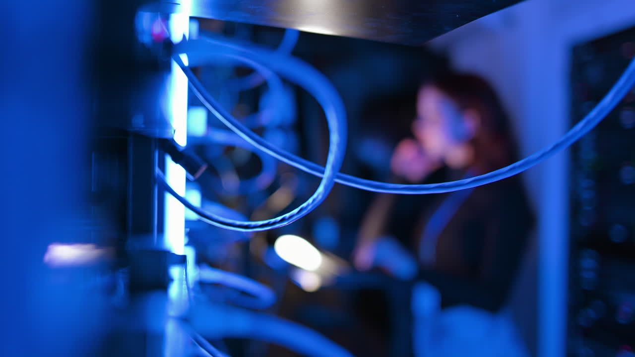 Woman programming in a server room