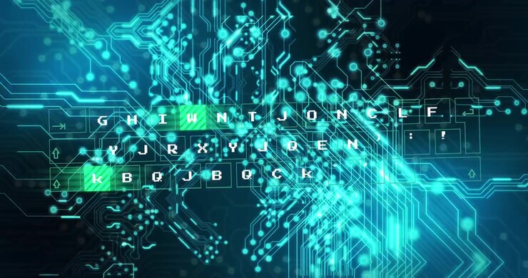 Animation of text flickering and computer circuit board with data processing