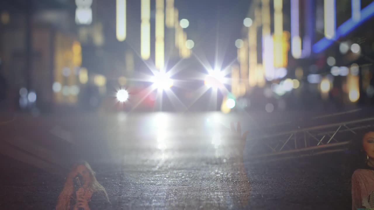 Blonde singer gripping vintage microphone concert stage, music graphics blending urban headlights