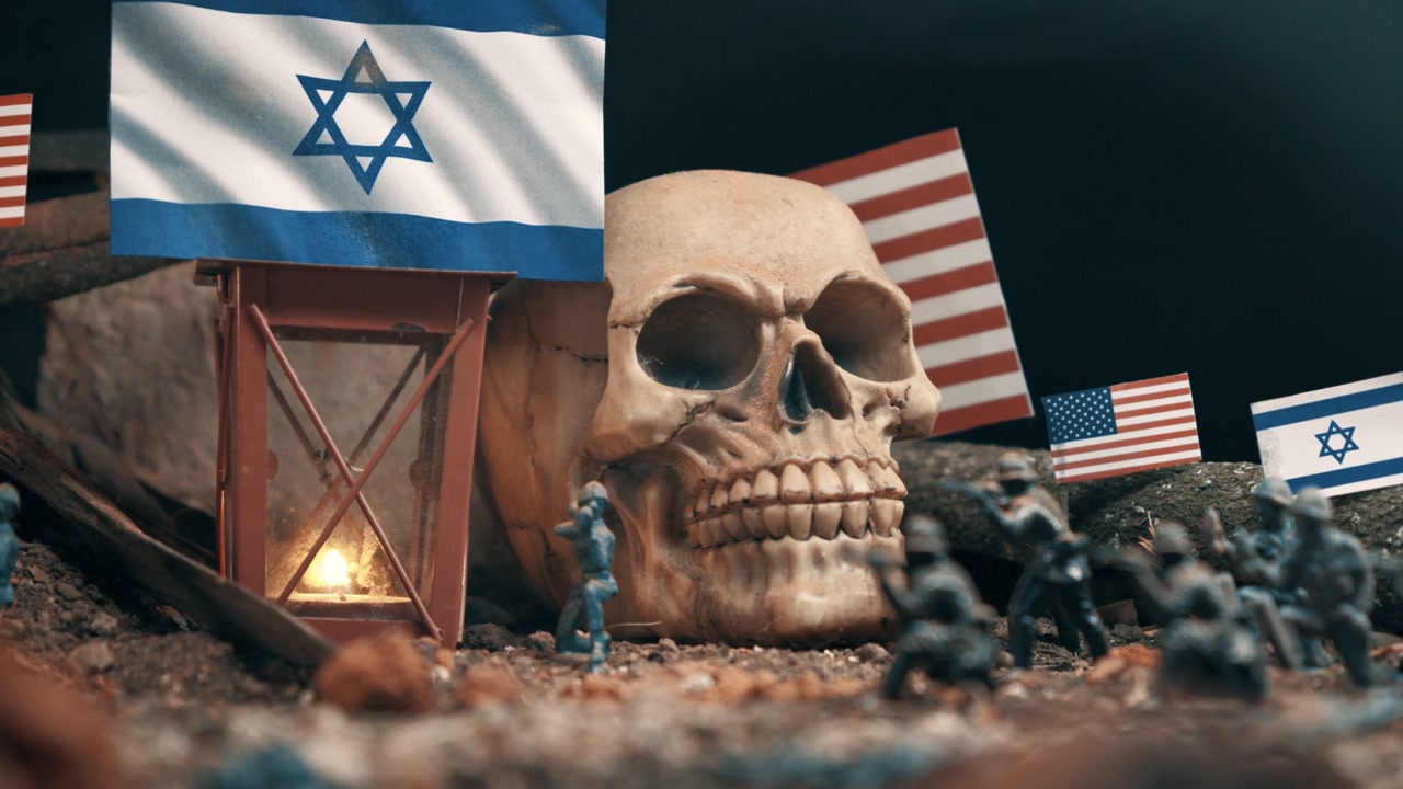 Conceptual diorama representing the military alliance between israel and the usa, with miniature soldiers on a battlefield surrounded by flags